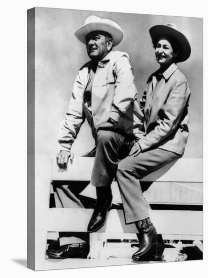 President Lyndon and Lady Bird Johnson Sitting on a Fence at the LBJ Ranch-null-Stretched Canvas