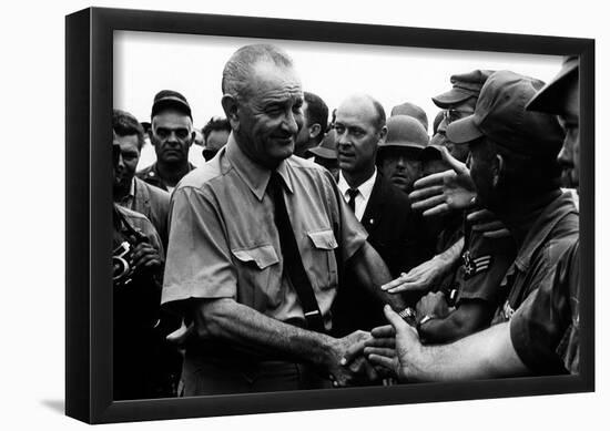 President Lyndon B Johnson (Greeting Troops in Vietnam) Art Poster Print-null-Framed Poster