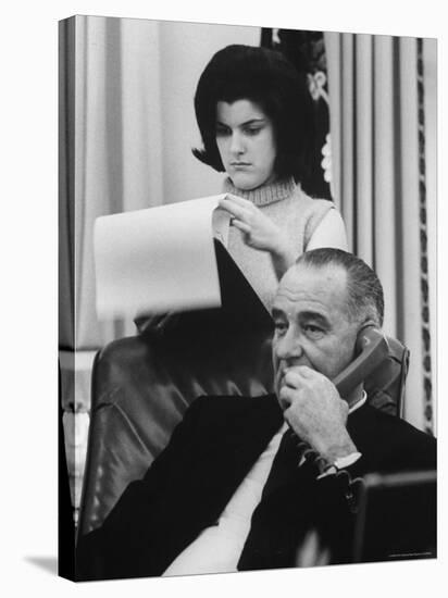 President Lyndon B. Johnson with Daughter Lucy Baines Johnson in White House-Stan Wayman-Stretched Canvas