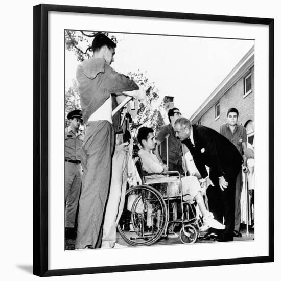 President Lyndon Johnson Greets Wounded Veterans at Walter Reed Hospital-null-Framed Photo