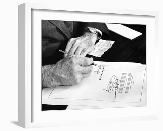 President Lyndon Johnson Signs a $102 Billion Education Bill at the White House Today-null-Framed Photo