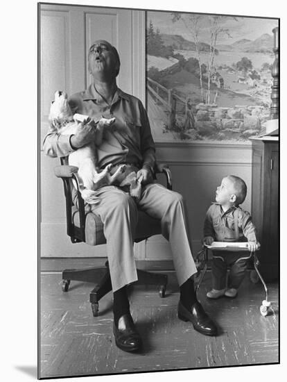 President Lyndon Johnson Sings with Dog Yuki While His Grandson Looks On, 1968-null-Mounted Photo