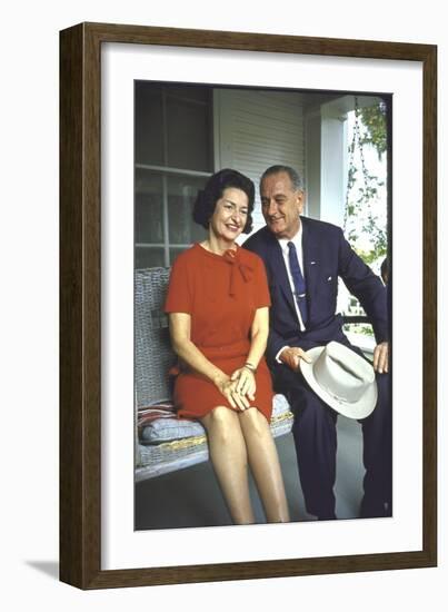 President Lyndon Johnson Sitting on Proch Swing with Wife on Morning Following His Election Win-John Dominis-Framed Photographic Print