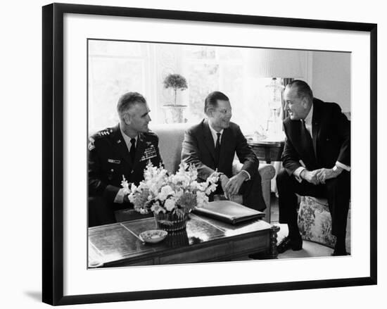 President Lyndon Johnson with Gen William Westmoreland and Defense Secretary Robert McNamara-null-Framed Photo