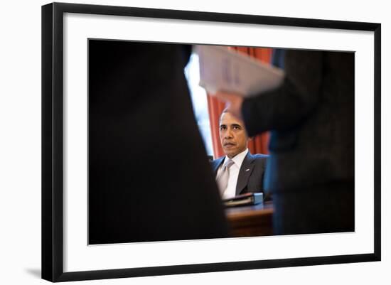 President Obama meets advisors prior to call with President Ali Bongo Ondimba, April 4, 2011-null-Framed Photo