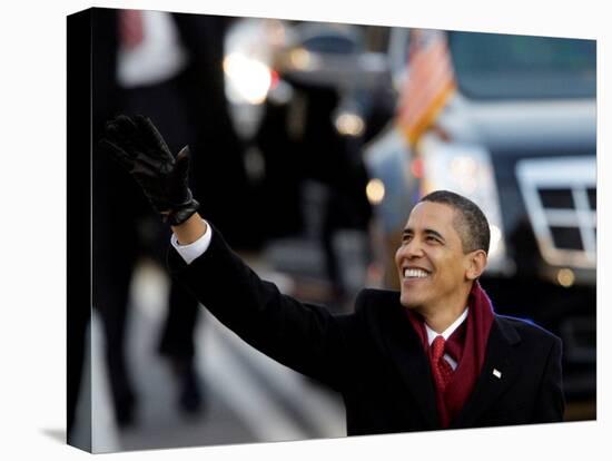 President Obama Waves as He Walks Down Pennsylvania Ave to the White House, January 20, 2009-null-Stretched Canvas