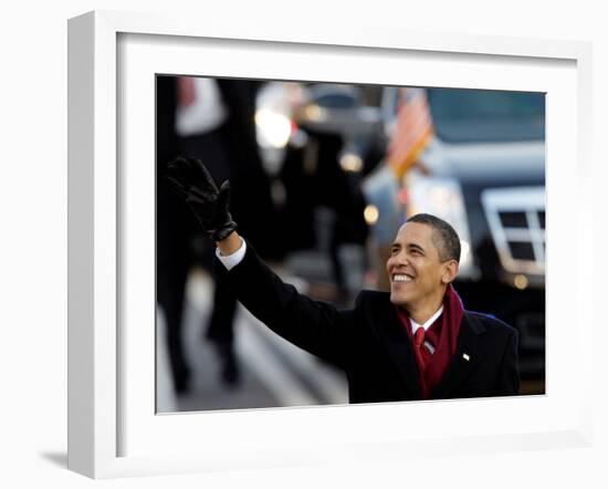 President Obama Waves as He Walks Down Pennsylvania Ave to the White House, January 20, 2009-null-Framed Photographic Print