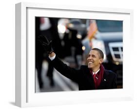 President Obama Waves as He Walks Down Pennsylvania Ave to the White House, January 20, 2009-null-Framed Photographic Print