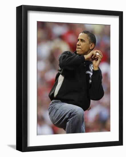 President Obama Winds Up to Throw Out the First Pitch During the MLB All-Star Baseball Game in St. -null-Framed Photographic Print
