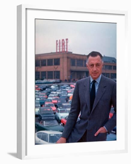 President of Fiat Gianni Agnelli Standing with Cars and Fiat Factory in Background-David Lees-Framed Premium Photographic Print