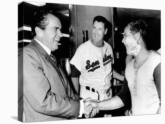 President Richard Nixon Greets Washington Senators Catcher Jim French after their Win over Brewers-null-Stretched Canvas
