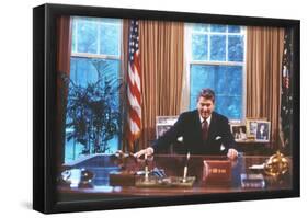 President Ronald Reagan in Oval Office Archival Photo Poster Print-null-Framed Poster