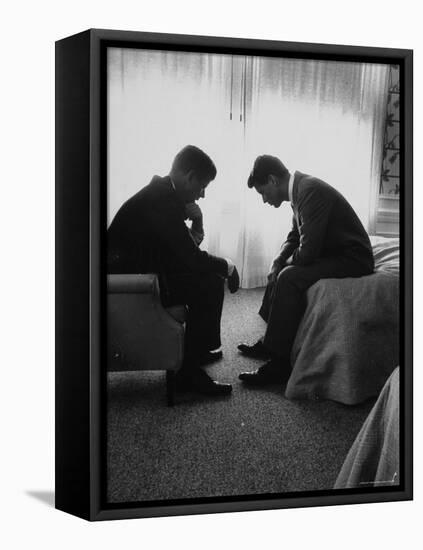 Presidential Candidate John Kennedy Conferring with Brother and Campaign Organizer Bobby Kennedy-Hank Walker-Framed Stretched Canvas