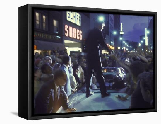 Presidential Candidate Robert Kennedy Standing on Back of Convertible Car While Campaigning-Bill Eppridge-Framed Stretched Canvas