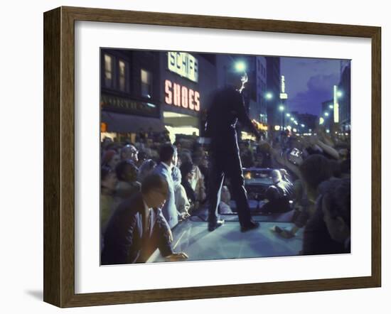 Presidential Candidate Robert Kennedy Standing on Back of Convertible Car While Campaigning-Bill Eppridge-Framed Photographic Print