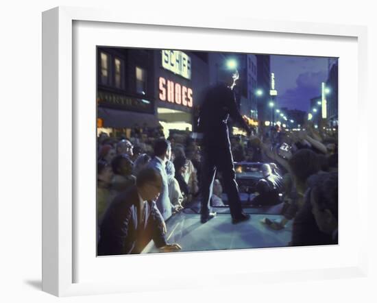 Presidential Candidate Robert Kennedy Standing on Back of Convertible Car While Campaigning-Bill Eppridge-Framed Photographic Print