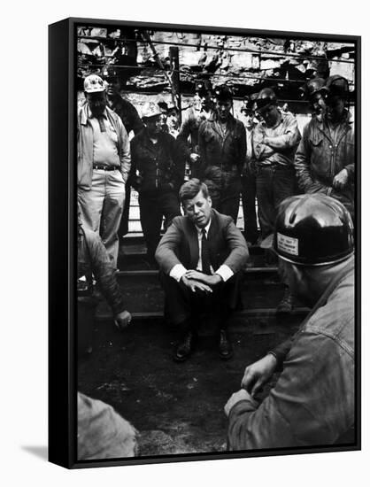 Presidential Candidate, Sen. John Kennedy Chatting with Miners, Campaigning During Primaries-Hank Walker-Framed Stretched Canvas