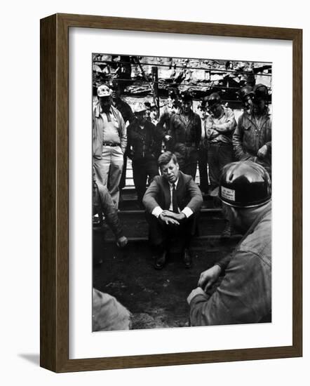 Presidential Candidate, Sen. John Kennedy Chatting with Miners, Campaigning During Primaries-Hank Walker-Framed Photographic Print