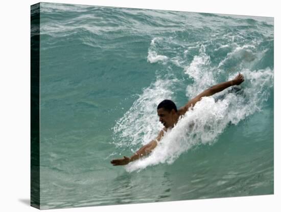 Presidential Candidate Senator Barack Obama, On Vacation, Body Surfing at a Beach, Honolulu, Hawaii-null-Stretched Canvas