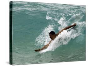 Presidential Candidate Senator Barack Obama, On Vacation, Body Surfing at a Beach, Honolulu, Hawaii-null-Stretched Canvas