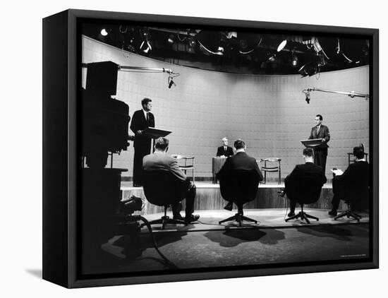 Presidential Candidates Senator John Kennedy and Rep. Richard Nixon Standing at Lecterns Debating-Francis Miller-Framed Stretched Canvas