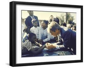 Presidential Contender Bobby Kennedy Stops During Campaigning to Shake Hands African American Boy-Bill Eppridge-Framed Photographic Print