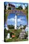 Presque Isle, Michigan - Lighthouse Montage-Lantern Press-Stretched Canvas