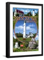 Presque Isle, Michigan - Lighthouse Montage-Lantern Press-Framed Art Print