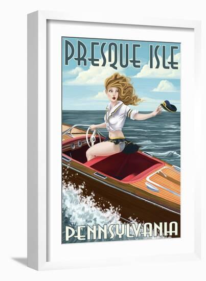 Presque Isle, Pennsylvania - Pinup Girl Boating-Lantern Press-Framed Art Print