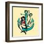 Pretty Siren Mermaid Pin up Girl Sitting on Anchor, Sailor Old School Style Tattoo Vector Illustrat-durantelallera-Framed Art Print