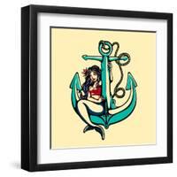 Pretty Siren Mermaid Pin up Girl Sitting on Anchor, Sailor Old School Style Tattoo Vector Illustrat-durantelallera-Framed Art Print