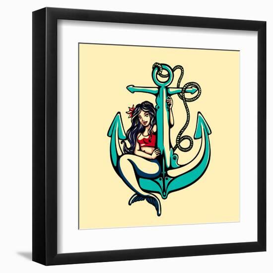 Pretty Siren Mermaid Pin up Girl Sitting on Anchor, Sailor Old School Style Tattoo Vector Illustrat-durantelallera-Framed Art Print