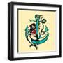 Pretty Siren Mermaid Pin up Girl Sitting on Anchor, Sailor Old School Style Tattoo Vector Illustrat-durantelallera-Framed Art Print