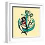 Pretty Siren Mermaid Pin up Girl Sitting on Anchor, Sailor Old School Style Tattoo Vector Illustrat-durantelallera-Framed Art Print