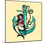 Pretty Siren Mermaid Pin up Girl Sitting on Anchor, Sailor Old School Style Tattoo Vector Illustrat-durantelallera-Mounted Art Print