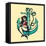 Pretty Siren Mermaid Pin up Girl Sitting on Anchor, Sailor Old School Style Tattoo Vector Illustrat-durantelallera-Framed Stretched Canvas