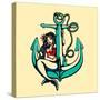 Pretty Siren Mermaid Pin up Girl Sitting on Anchor, Sailor Old School Style Tattoo Vector Illustrat-durantelallera-Stretched Canvas