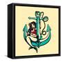 Pretty Siren Mermaid Pin up Girl Sitting on Anchor, Sailor Old School Style Tattoo Vector Illustrat-durantelallera-Framed Stretched Canvas