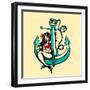 Pretty Siren Mermaid Pin up Girl Sitting on Anchor, Sailor Old School Style Tattoo Vector Illustrat-durantelallera-Framed Art Print