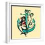 Pretty Siren Mermaid Pin up Girl Sitting on Anchor, Sailor Old School Style Tattoo Vector Illustrat-durantelallera-Framed Art Print