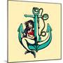 Pretty Siren Mermaid Pin up Girl Sitting on Anchor, Sailor Old School Style Tattoo Vector Illustrat-durantelallera-Mounted Art Print