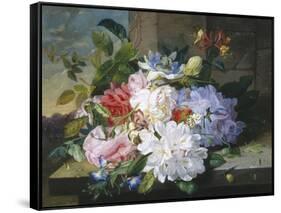 Pretty Still Life of Roses, Rhododendron and Passionflower-John Wainwright-Framed Stretched Canvas