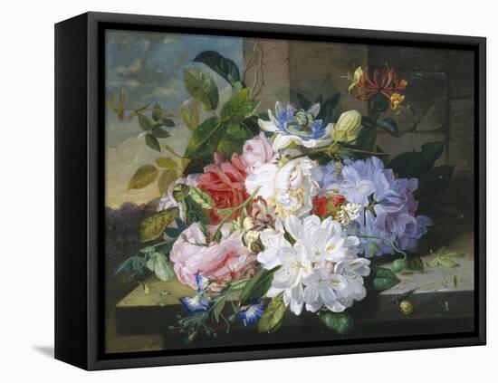 Pretty Still Life of Roses, Rhododendron and Passionflower-John Wainwright-Framed Stretched Canvas