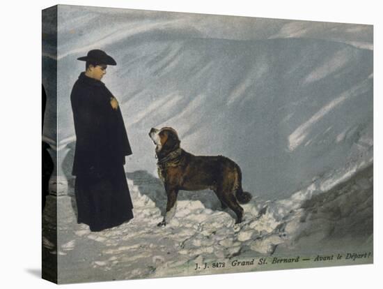 Priest from the Hospice on the St. Bernard Pass with One of the Famous Rescue Dogs-null-Stretched Canvas