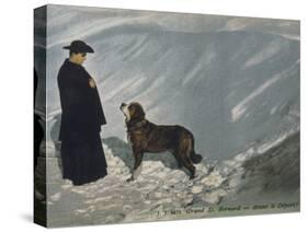 Priest from the Hospice on the St. Bernard Pass with One of the Famous Rescue Dogs-null-Stretched Canvas