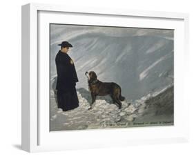 Priest from the Hospice on the St. Bernard Pass with One of the Famous Rescue Dogs-null-Framed Photographic Print