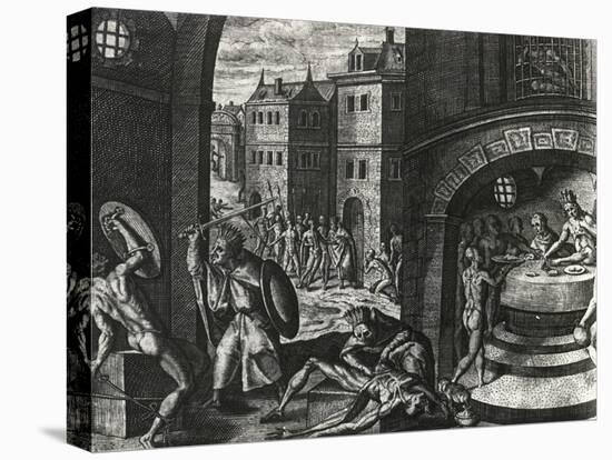 Priest Kills Victim of Fake Fight and Then Skins Body, Mexico, Engraving from Peregrinationes-Theodor de Bry-Stretched Canvas