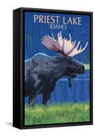 Priest Lake, Idaho - Moose at Night-Lantern Press-Framed Stretched Canvas