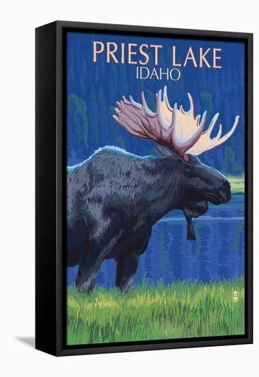 Priest Lake, Idaho - Moose at Night-Lantern Press-Framed Stretched Canvas