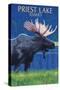 Priest Lake, Idaho - Moose at Night-Lantern Press-Stretched Canvas